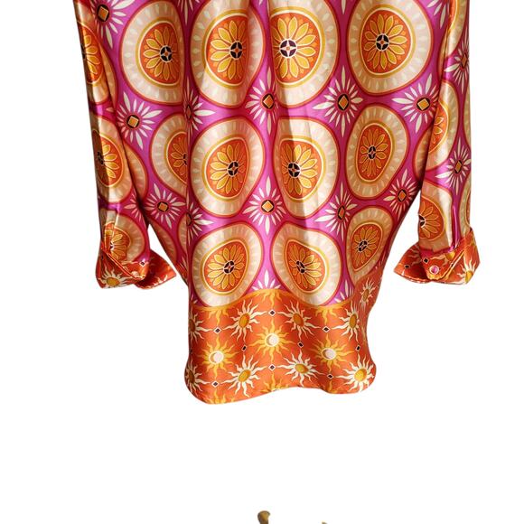 House of Harlow 1960 Button Down Tunic Top Shiny Retro Pink Orange Bold Sz M - Picture 10 of 14
